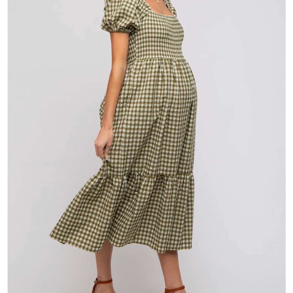 Olive Gingham Midi Dress with Puff Sleeves